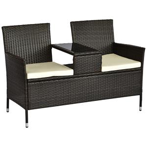 Outsunny poly-rotan tuinbank, stijlvol 2-zits ontwerp, met tafel, weerbestendig, stevig staal, 120 x 60 x 75 cm, bruin | Aosom.nl