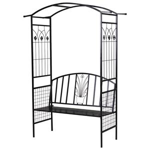 Outsunny plantenboog met bank, decoratieve trellis, stevig metaal, weerbestendig, perfect voor klimplanten, 152 x 58 x 207 cm, zwart | Aosom.nl