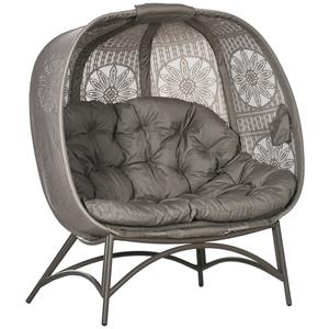 Outsunny tuinstoel 2 zits, comfortabele rieten stoel met opvouwbare mand, weerbestendig, inclusief kussens, 120 x 70 x 80 cm, grijs | Aosom.nl