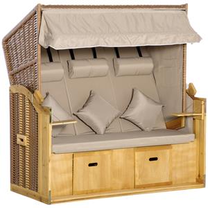 Outsunny strandstoel, luxe 3-zits ligbed met schaduwdoek, inclusief 2 klaptafels en voetenbank, 5-traps rugleuning, XXL, naturel | Aosom.nl