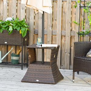 Outsunny tuintafel, multifunctionele bijzettafel met zonneschermstandaard, weerbestendig poly-rotan, 54 x 54 x 55 cm, bruin | Aosom.nl