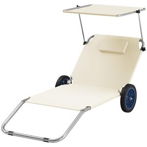 Outsunny Opvouwbare Zonnebedden met Kussen en Dak, Rolstoel Ligbed met Verstelbare Rugleuning Beige