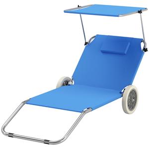 Outsunny Opvouwbare Ligstoel Tuinstoel met Kussen en Dak, Rolbare Stoel met Verstelbare Rugleuning Blauw