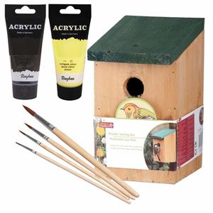 Lifetime Garden Houten vogelhuisje/nestkastje 22 cm - zwart/geel Dhz schilderen pakket -