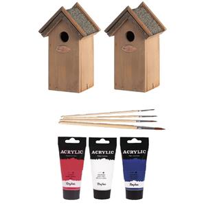 Lifetime Garden 2x Houten vogelhuisje/nestkastje 22 cm - rood/wit/blauw Dhz schilderen pakket -