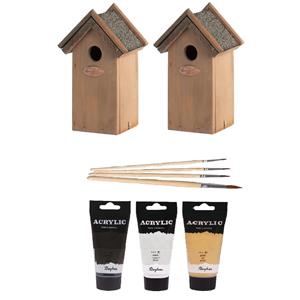 Lifetime Garden 2x Houten vogelhuisje/nestkastje 22 cm - zwart/goud/zilver Dhz schilderen pakket -