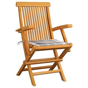 vidaXL Tuinstoelen 3 st met grijs geruite kussens massief teakhout
