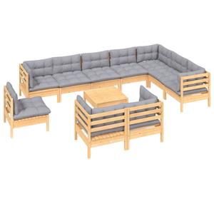 vidaXL 11-delige Loungeset met grijze kussens massief grenenhout