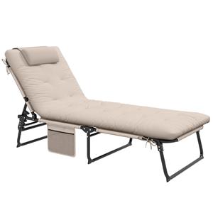 Outsunny Zonnebed, 4-Standen Verstelbare Rugleuning, Kussen, Zijvak, Hoofdsteun, 68 x 189 x 30 cm, Beige