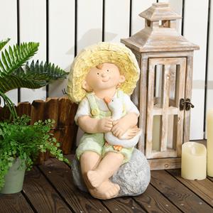 Outsunny tuinbeeld, schattige jongen met strohoed, weerbestendig, perfect voor buiten, 43 cm, decoratief tuinornament | Aosom.nl