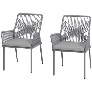 Outsunny Set van 2 Tuinstoelen, Terrasstoelen met Wasbare Kussens, Rug- en Armleuningen, Staal, Rattan, Donkergrijs