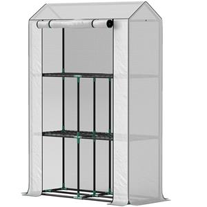 Outsunny Kas met 3-laags Schap, UV-bestendige Plastic Afdekking, Roldeur, 100 x 40 x 150 cm, Wit