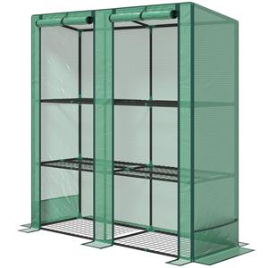 Outsunny Mini-kas met 3-laags rek, kunststof afdekking, UV-bestendig, draagbaar, oprolbare deur, 144 x 48 x 152 cm, Groen
