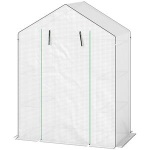 Outsunny Kas met Planken, Mini-Kas, UV-bestendig, Gaasramen, Ritsdeur, 143L x 74B x 190H cm, Wit