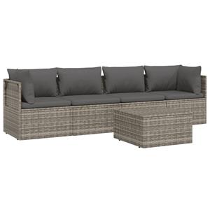 vidaXL 5-delige Loungeset met kussens poly rattan grijs