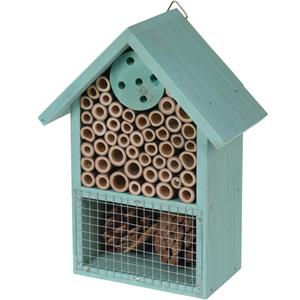 Merkloos Insectenhotel huisje - blauw - 20 cm - dennenhout - hotel voor insecten -