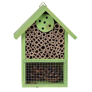 Merkloos Insectenhotel huisje - groen - 20 cm - dennenhout - hotel voor insecten -