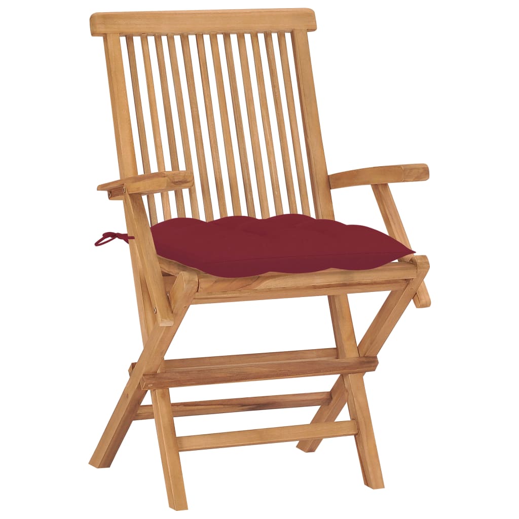 vidaXL Tuinstoelen 2 st met wijnrode kussens massief teakhout