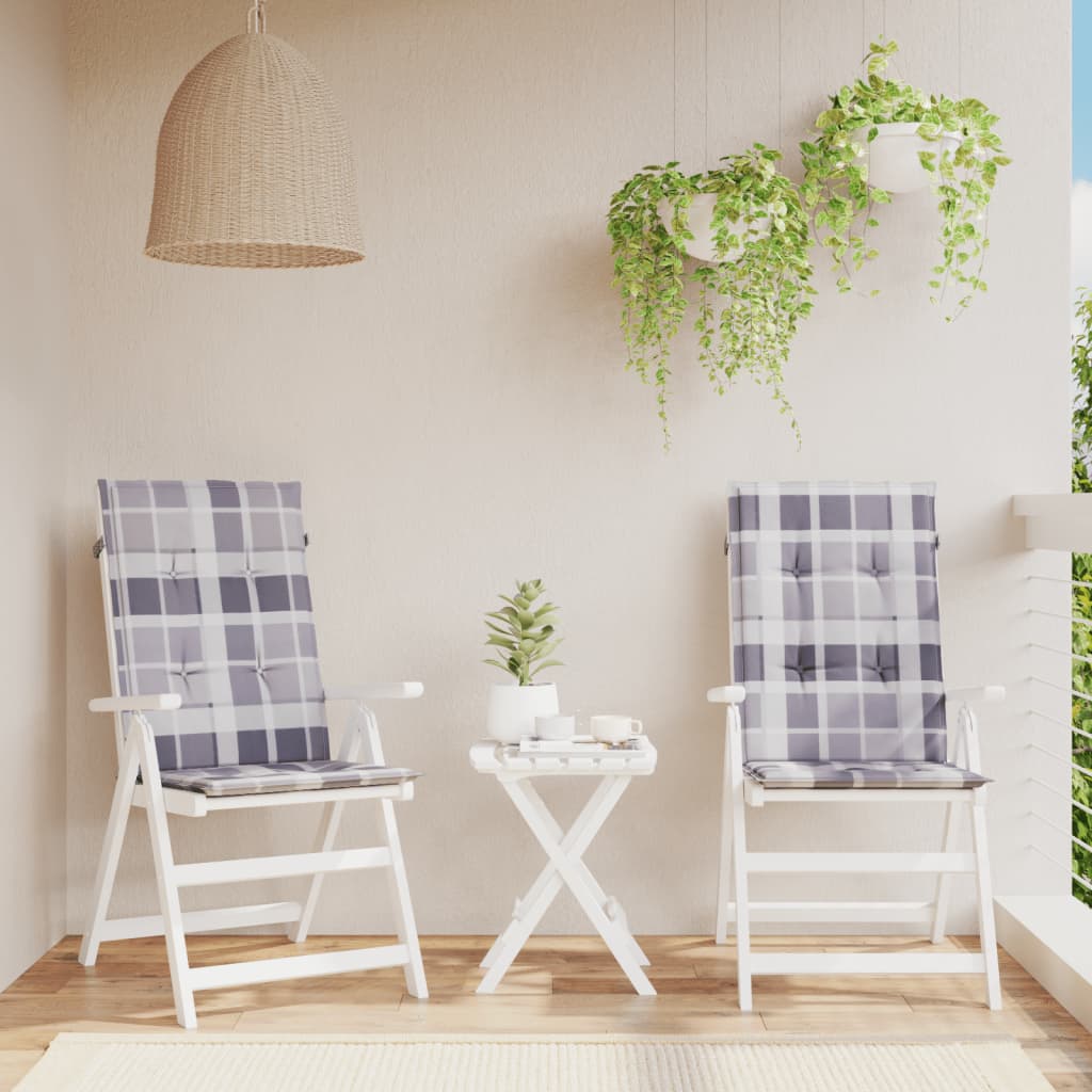 VidaXL Tuinstoelkussens 2 st hoge rug ruitpatroon 120x50x3 cm grijs