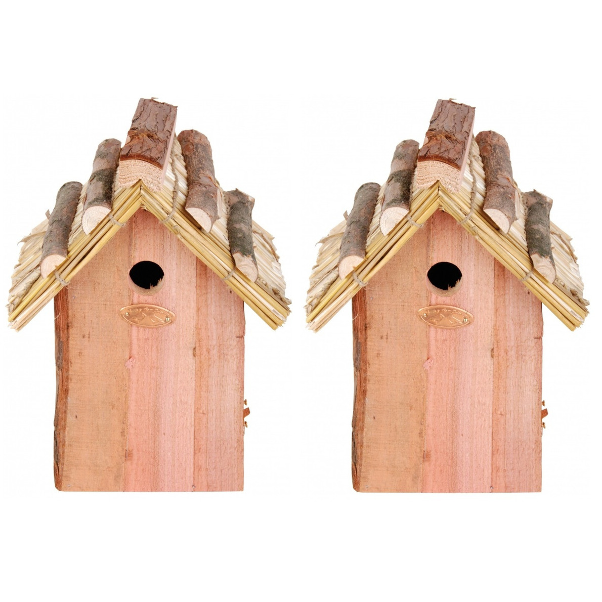 Merkloos Set van 2x stuks houten vogelhuisjes met rieten dakje 18x27 cm -