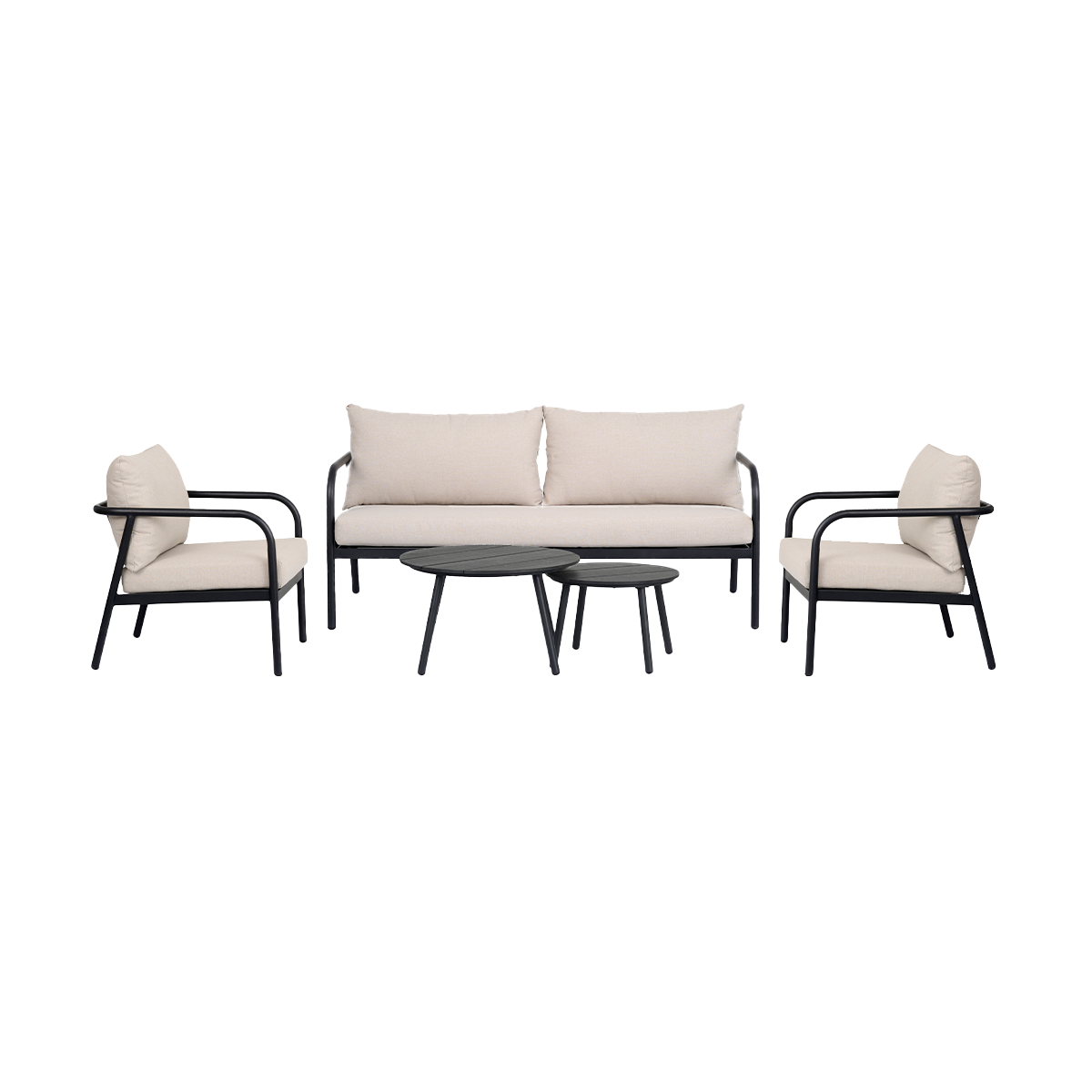Lisomme Manu tuin loungeset zwart 5delig - tweezitsbank, twee fauteuils en twee salontafels - met beige zitkussens