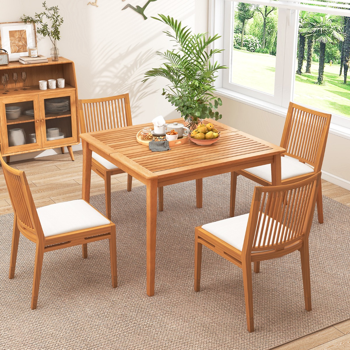 Costway Acaciahouten Tuintafel voor 4 Personen 100 x 100 cm Vierkante Eettafel voor Buiten met 5 cm Parasolgat voor Tuinterras Natuurlijk
