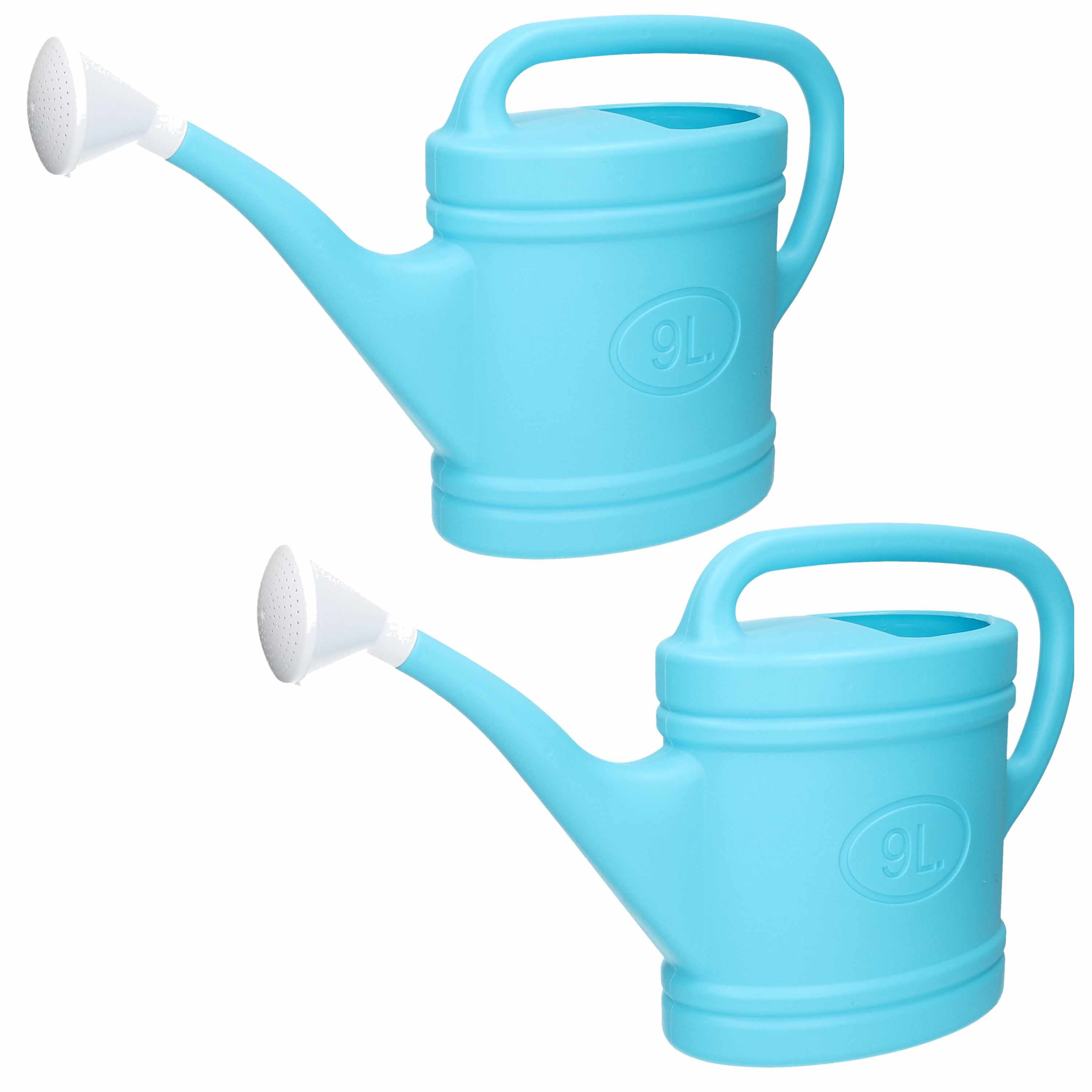 PlasticForte 2x stuks lichtblauwe tuin planten gieter met broeskop 9 liter -