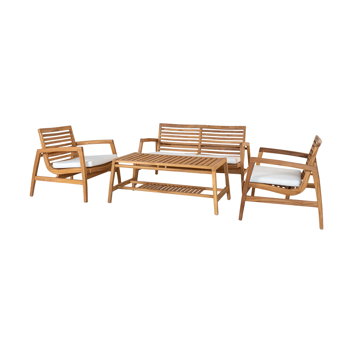 Artichok Tristan houten tuin loungeset naturel 4delig - tweezits bank, fauteuils en salontafel - met zitkussens