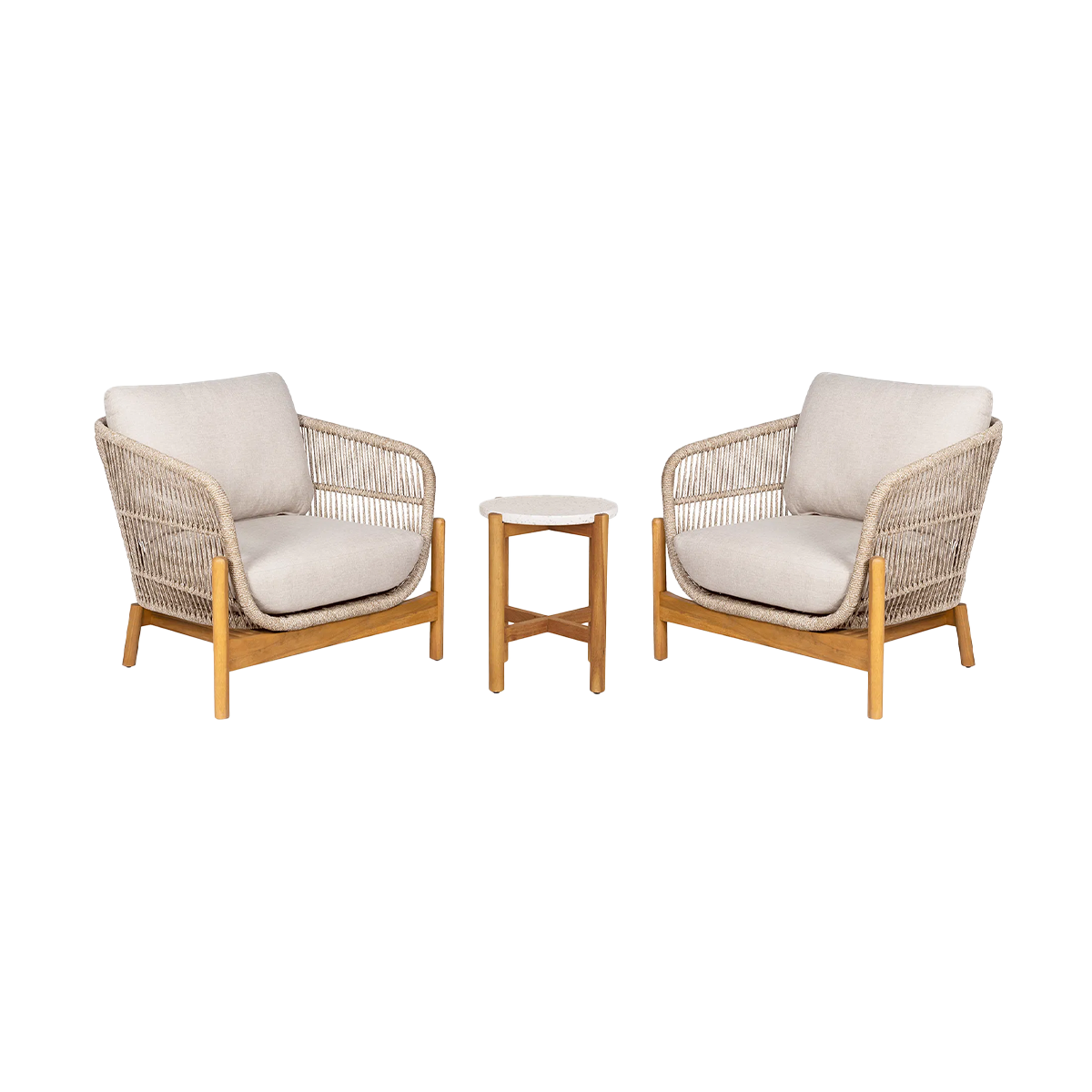 Artichok Teresa houten tuin loungeset beige 3delig - twee fauteuils en een bijzettafel - met zitkussens
