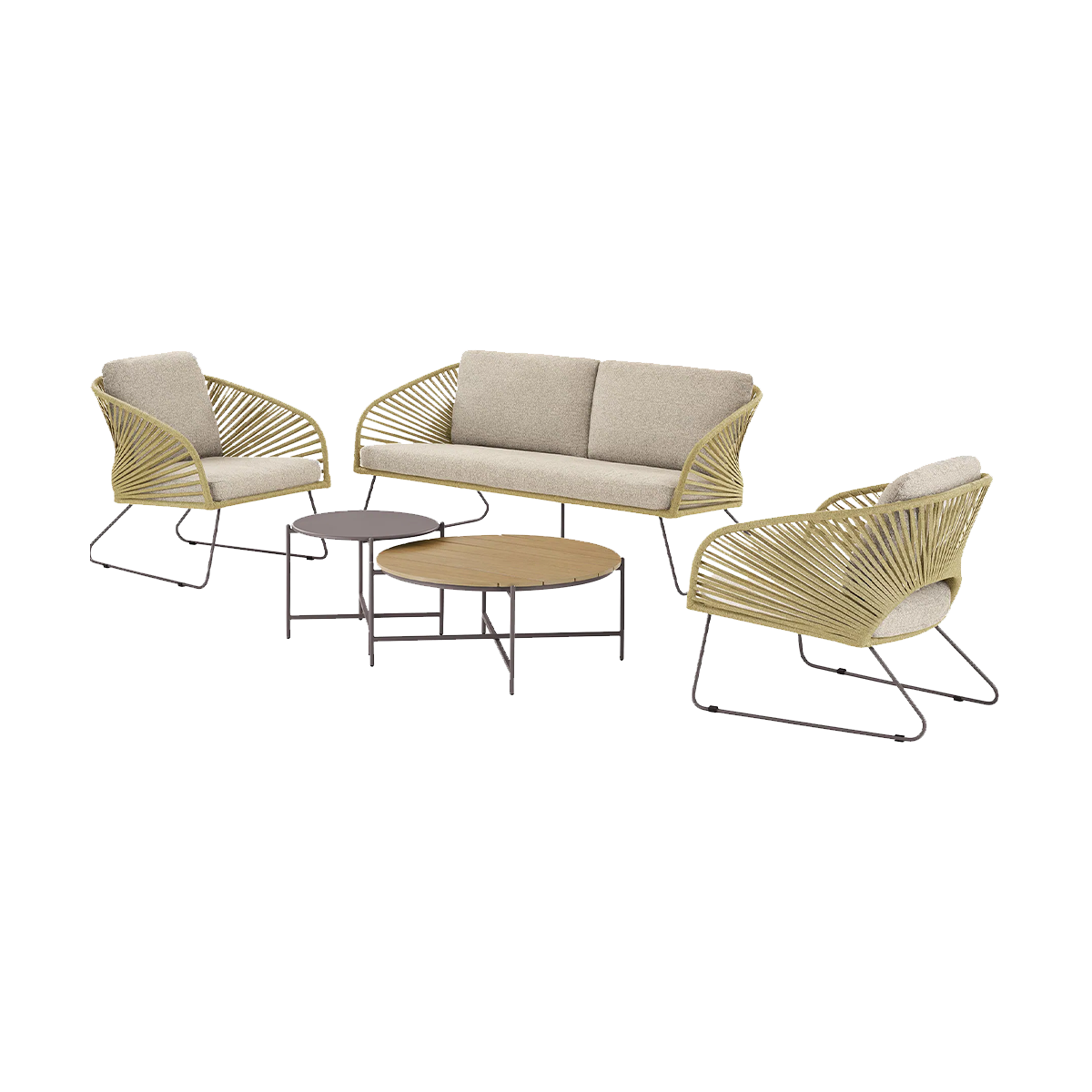 Artichok Mischa tuin loungeset naturel 5delig - tweezitsbank, twee fauteuils, twee salontafels - met zitkussens