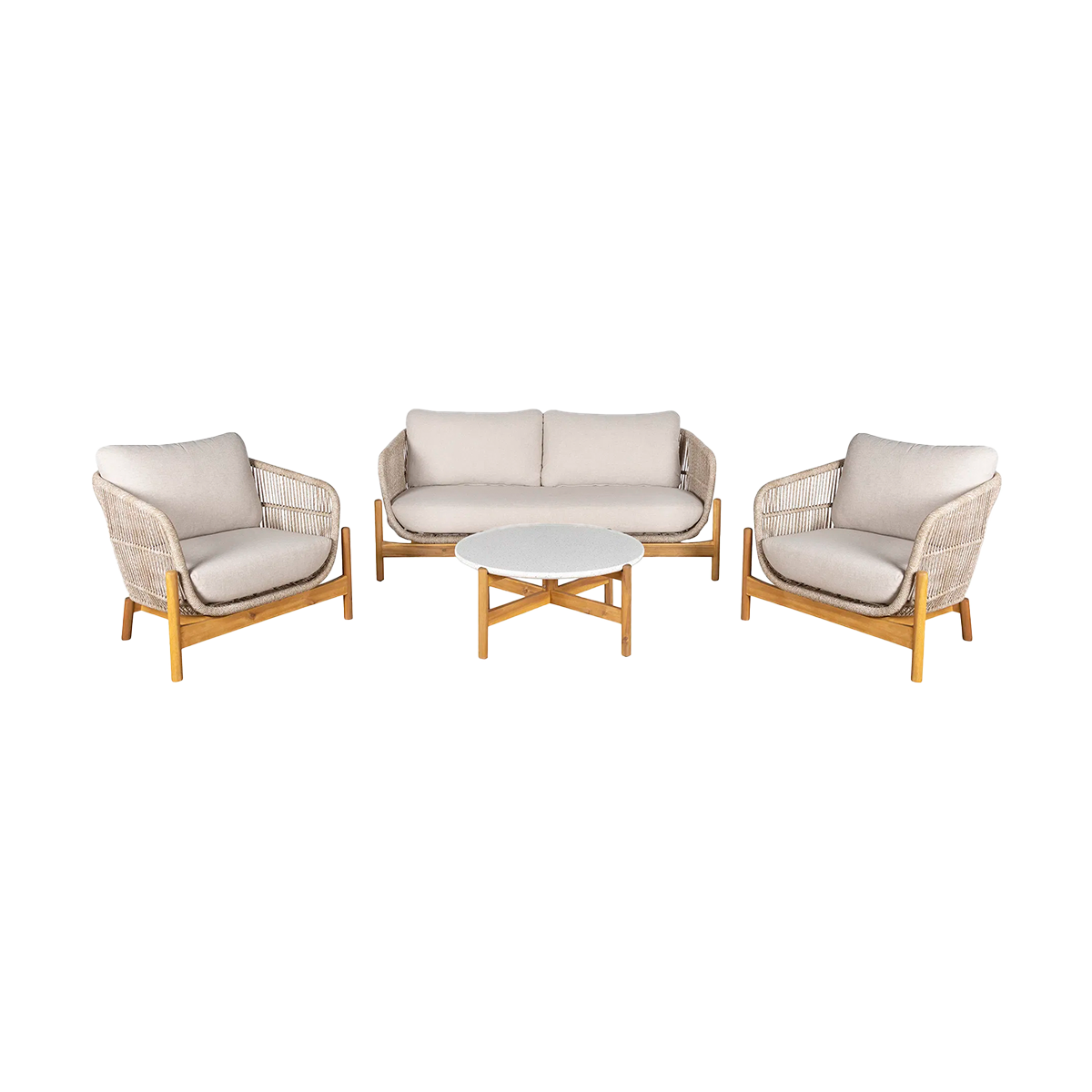 Artichok Teresa houten tuin loungeset beige 4delig - 2 fauteuils, tweezitsbank en een salontafel - met zitkussens