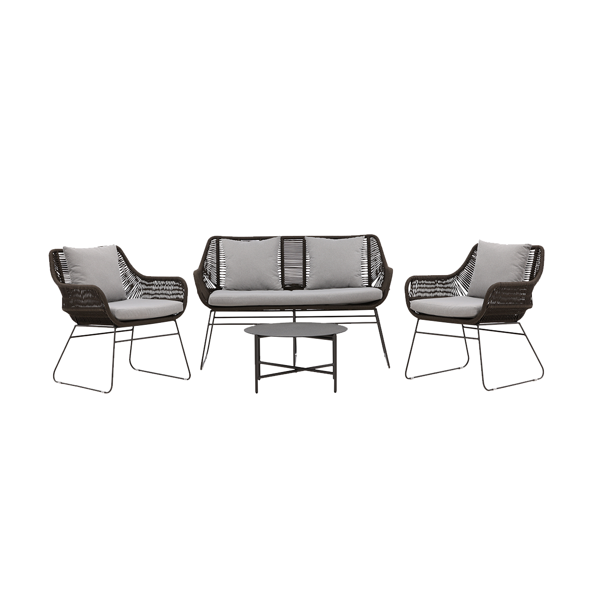 Nest outdoor Caleb rattan tuin loungeset bruin 4delig - tweezits bank, twee lounge stoelen en een salontafel - met grijze zitkussens