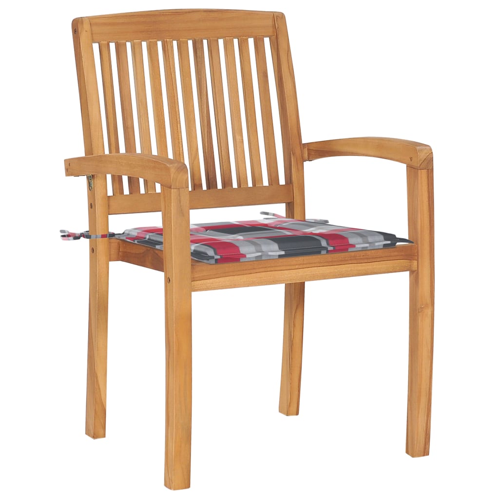 vidaXL Tuinstoelen 2 st met rood geruite kussens massief teakhout