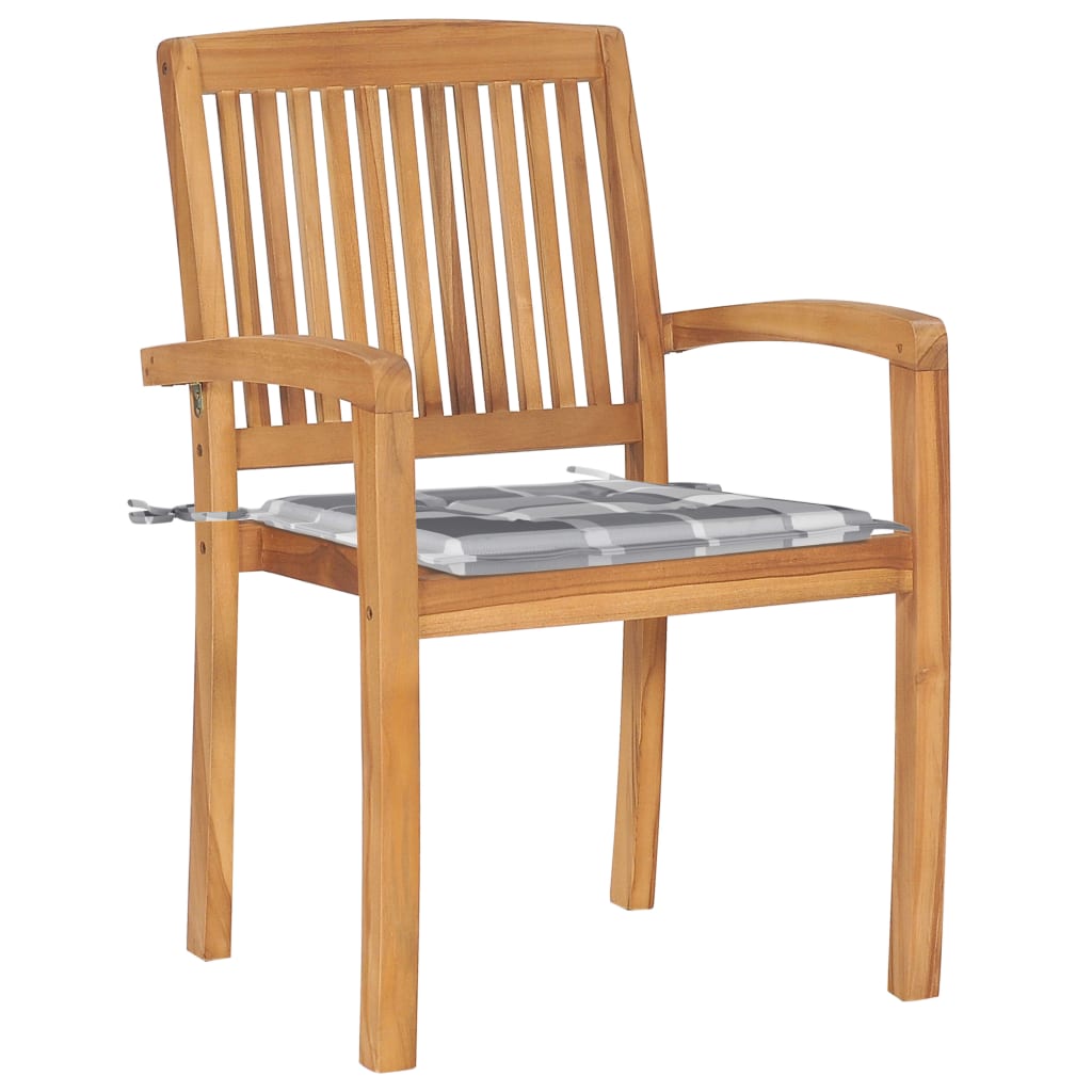 vidaXL Tuinstoelen 2 st met grijs geruite kussens massief teakhout