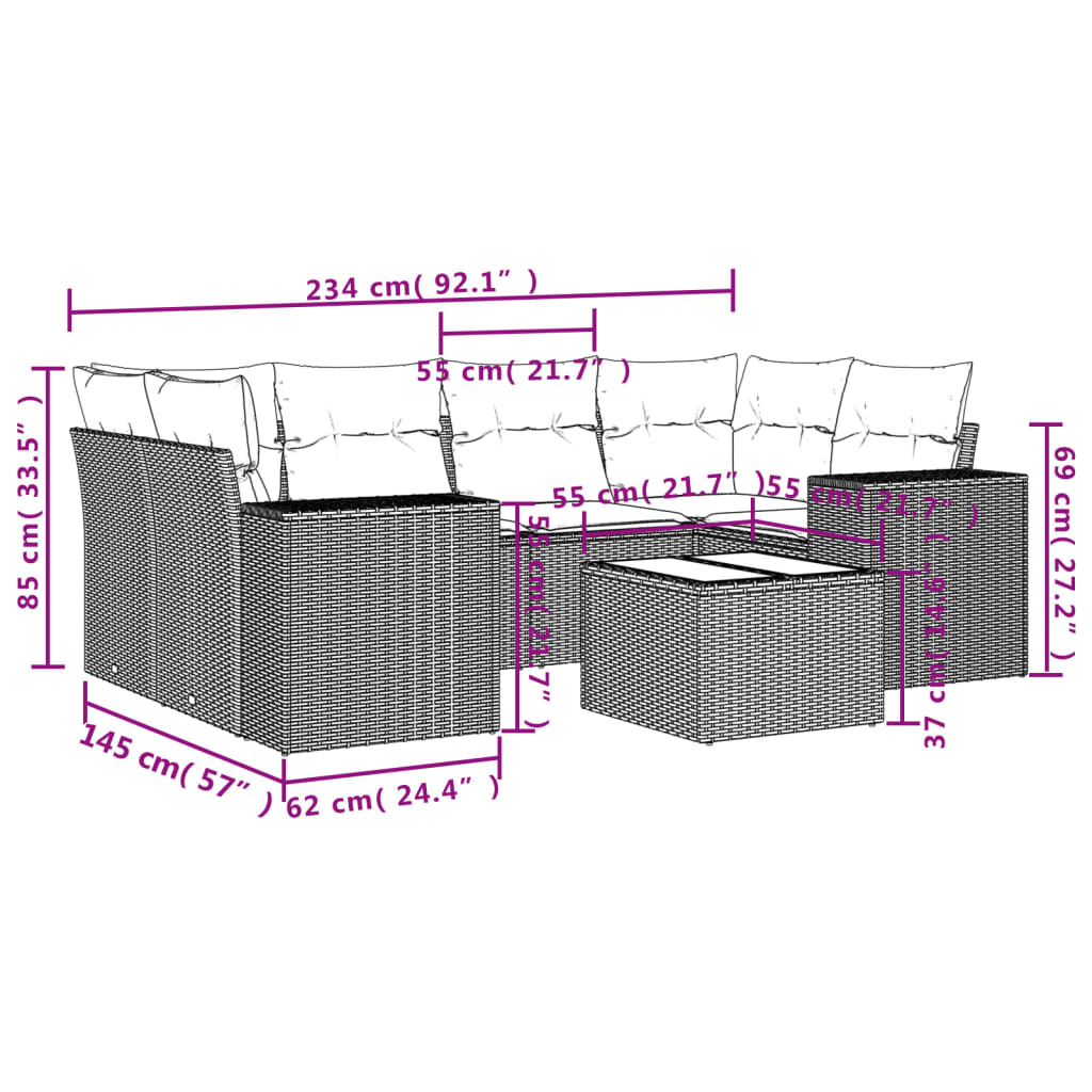 vidaXL 7-delige Loungeset met kussens poly rattan bruin