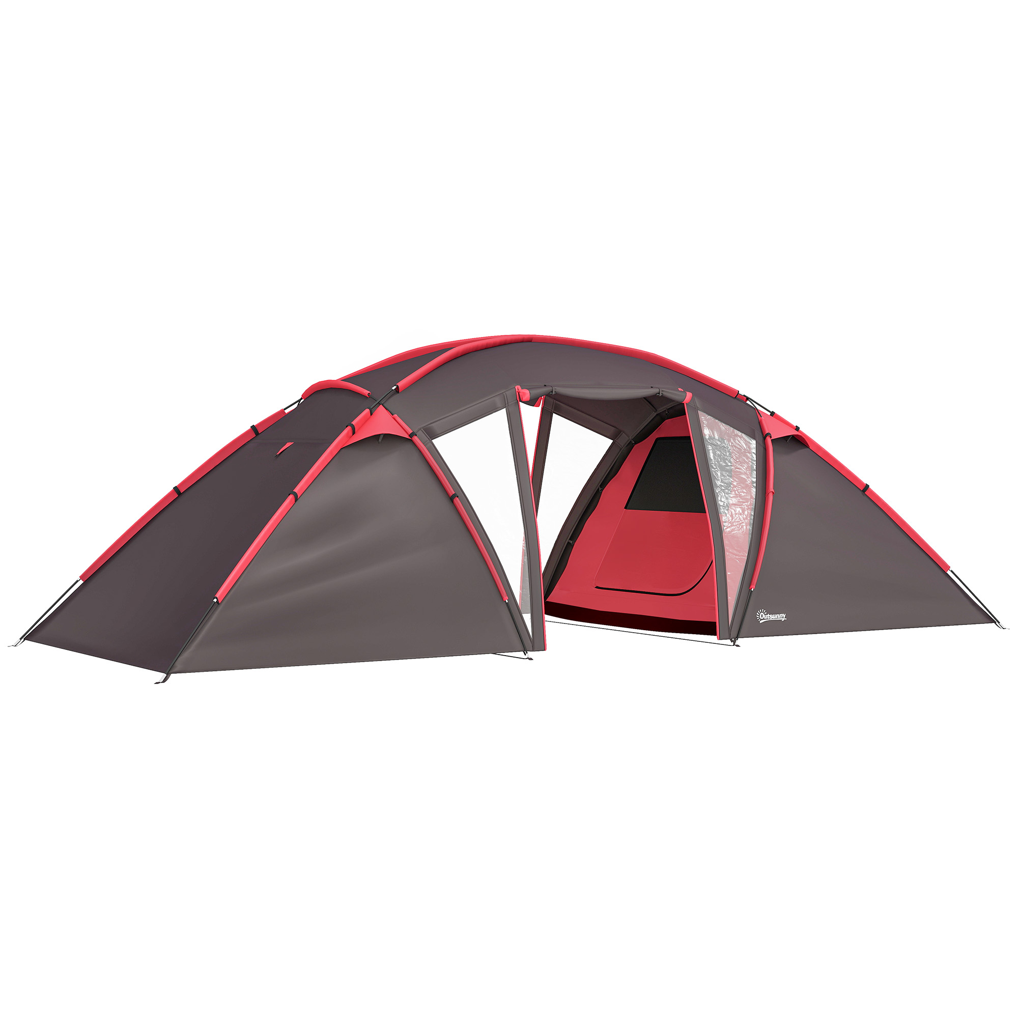 Outsunny Tunneltent voor 4-6 personen, met 3 kamers, lichthaak en dubbele deuren, Grijs
