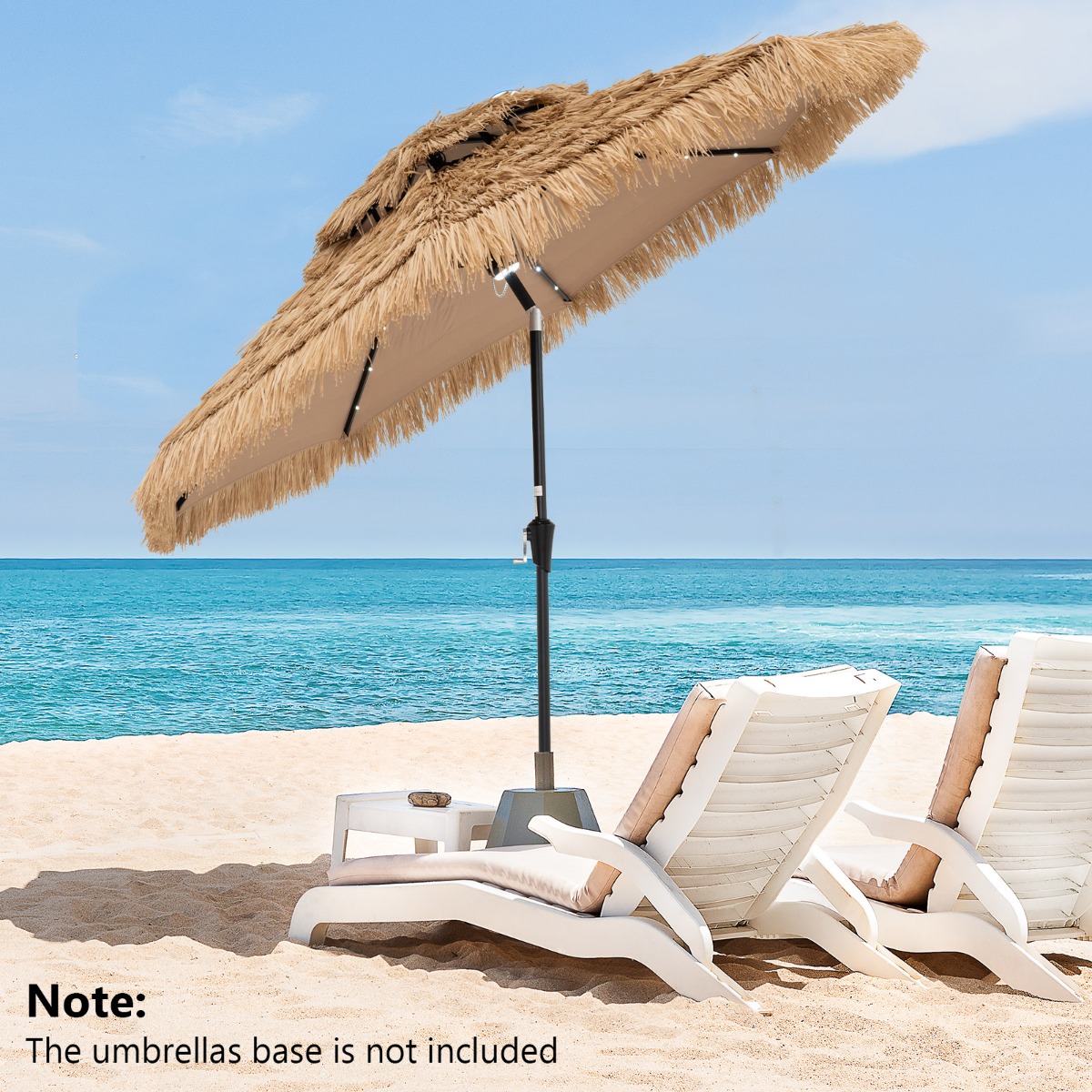 Costway 256 cm Parasol in Hawaïaanse Stijl Tiki-Parasol Gemaakt van Zonwerend Kunstriet 32 LED-Lampjes en Centraal Licht 35° Kantelbaar