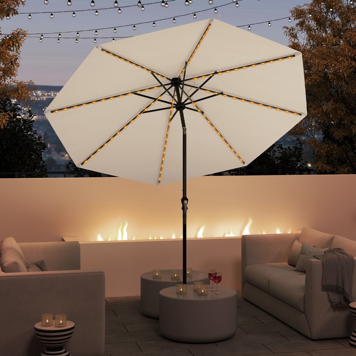 Costway Zonnescherm 300 cm met LED-zonneverlichting 9 Verlichtingsmodi Parasol met Zwengel Beige