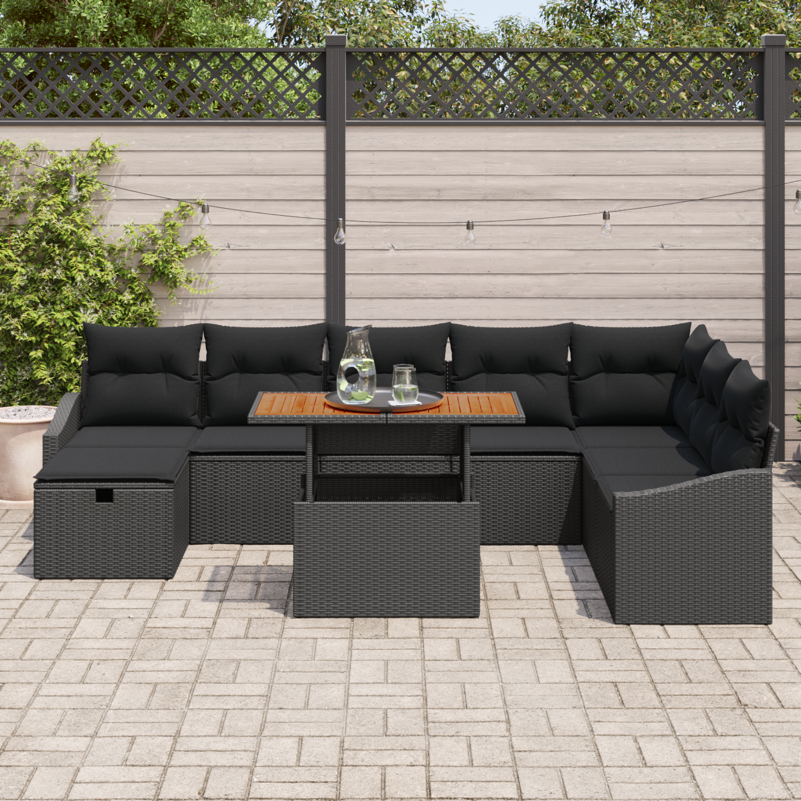 vidaXL 9-delige Tuinbankenset met kussens poly rattan zwart