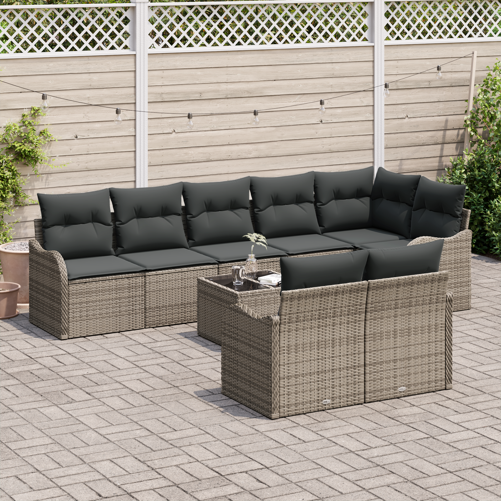 vidaXL 8-delig tuinbankstel met kussens, zwart poly riet