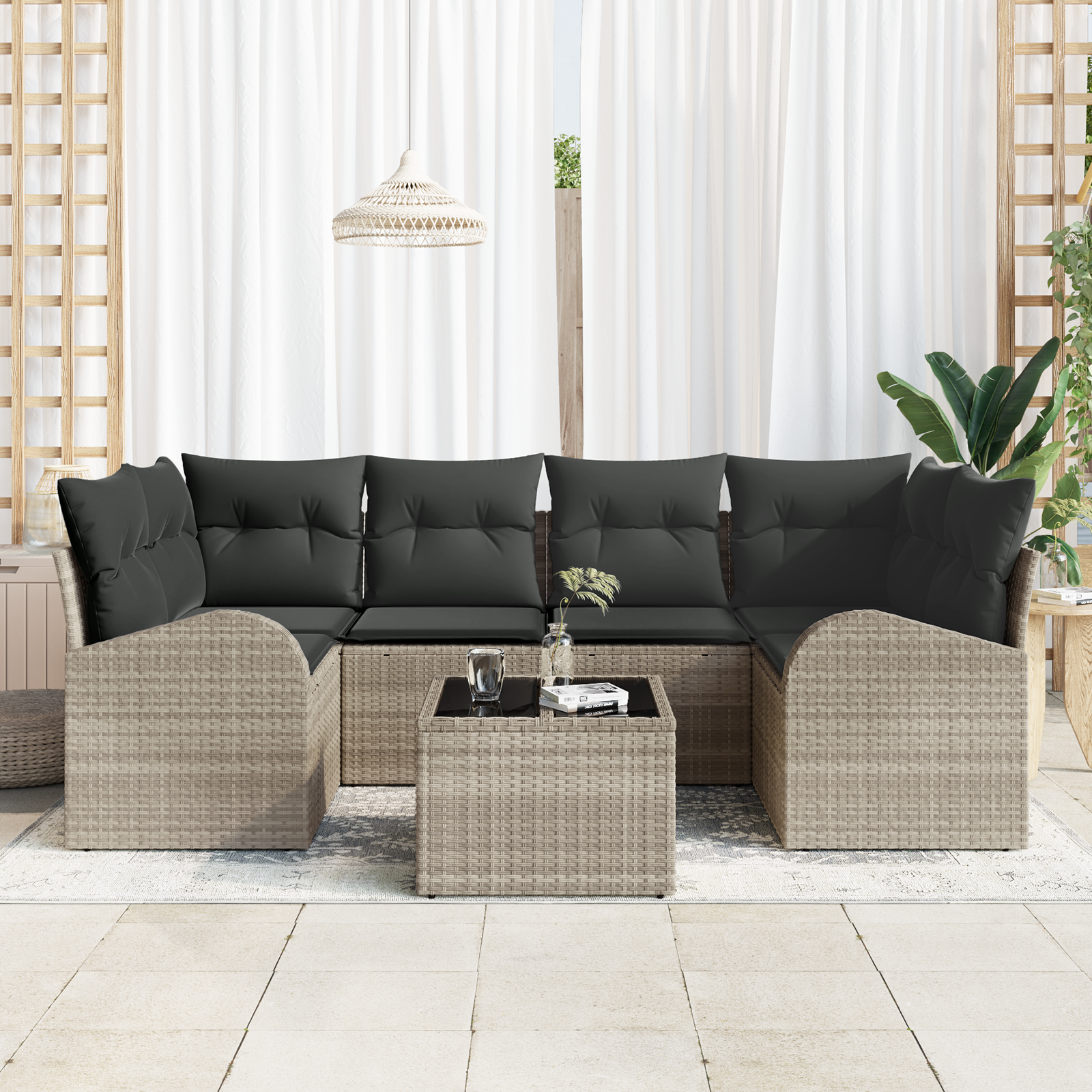 vidaXL 7-delige Tuinbankenset met kussens poly rattan lichtgrijs