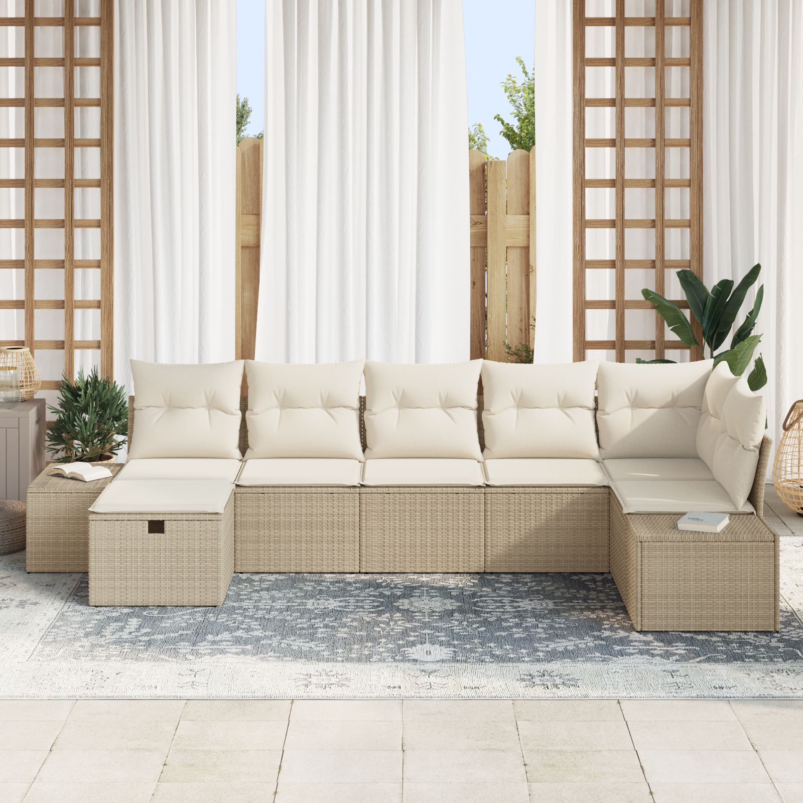 vidaXL 7-delige Tuinbankenset met kussens poly rattan beige
