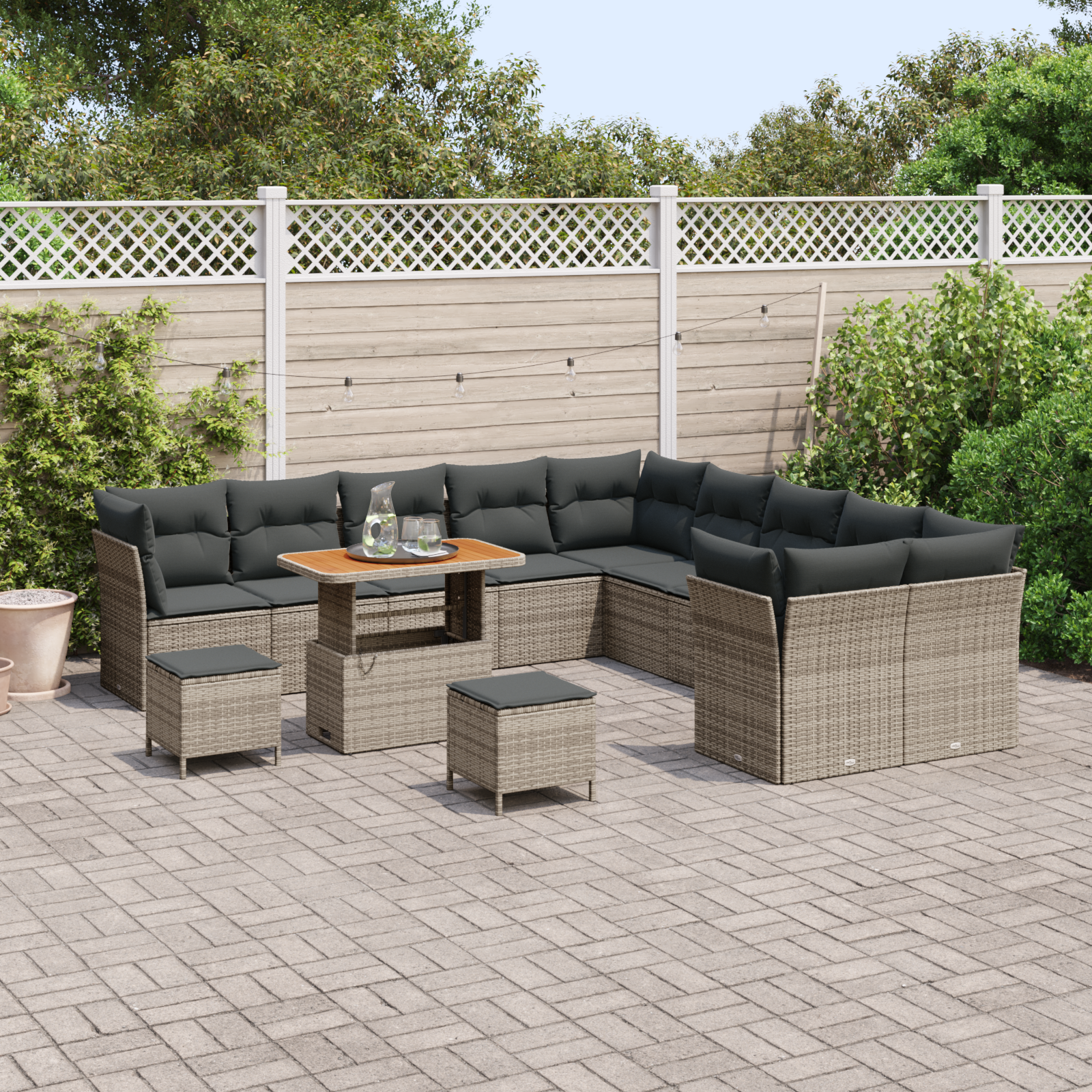 vidaXL 13-delige tuinbankset met kussens - Grijs - Poly Rattan - Acacia