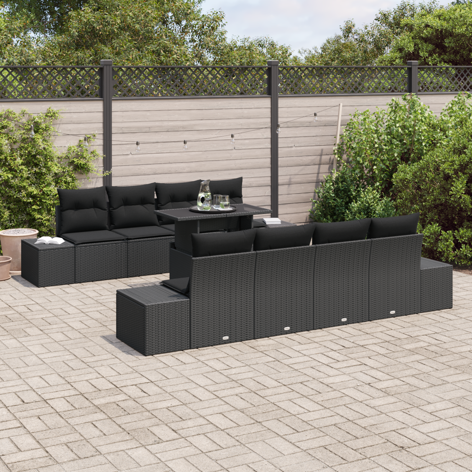 vidaXL 7-delige Tuinbankenset met kussens poly rattan zwart