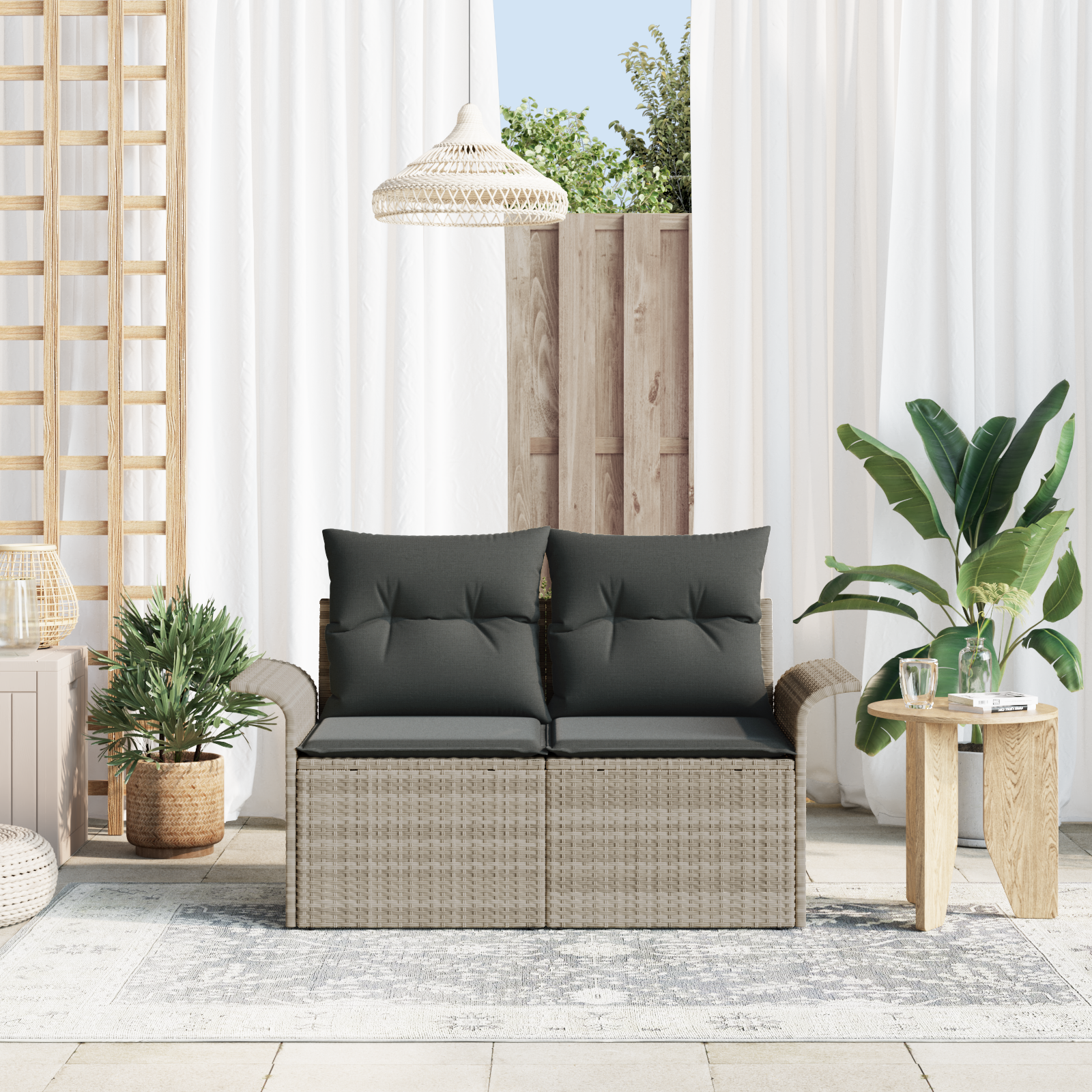 vidaXL Tuinbank 2-zits opbergruimte en kussens poly rattan lichtgrijs