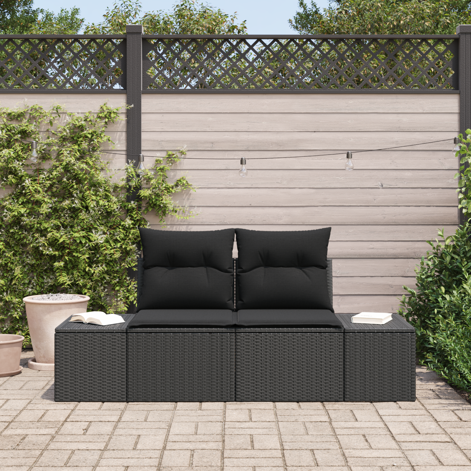 vidaXL Tuinbank 2-zits met kussens poly rattan zwart