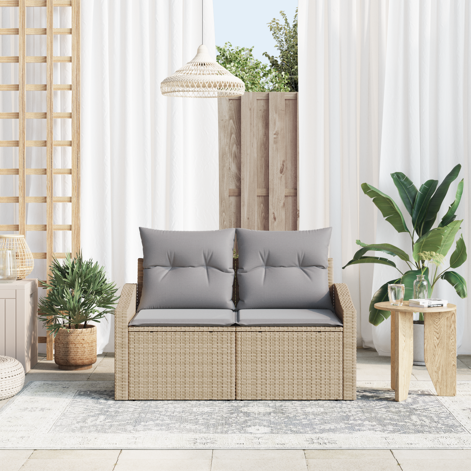 vidaXL Tuinbank 2-zits met opbergruimte en kussens poly rattan beige