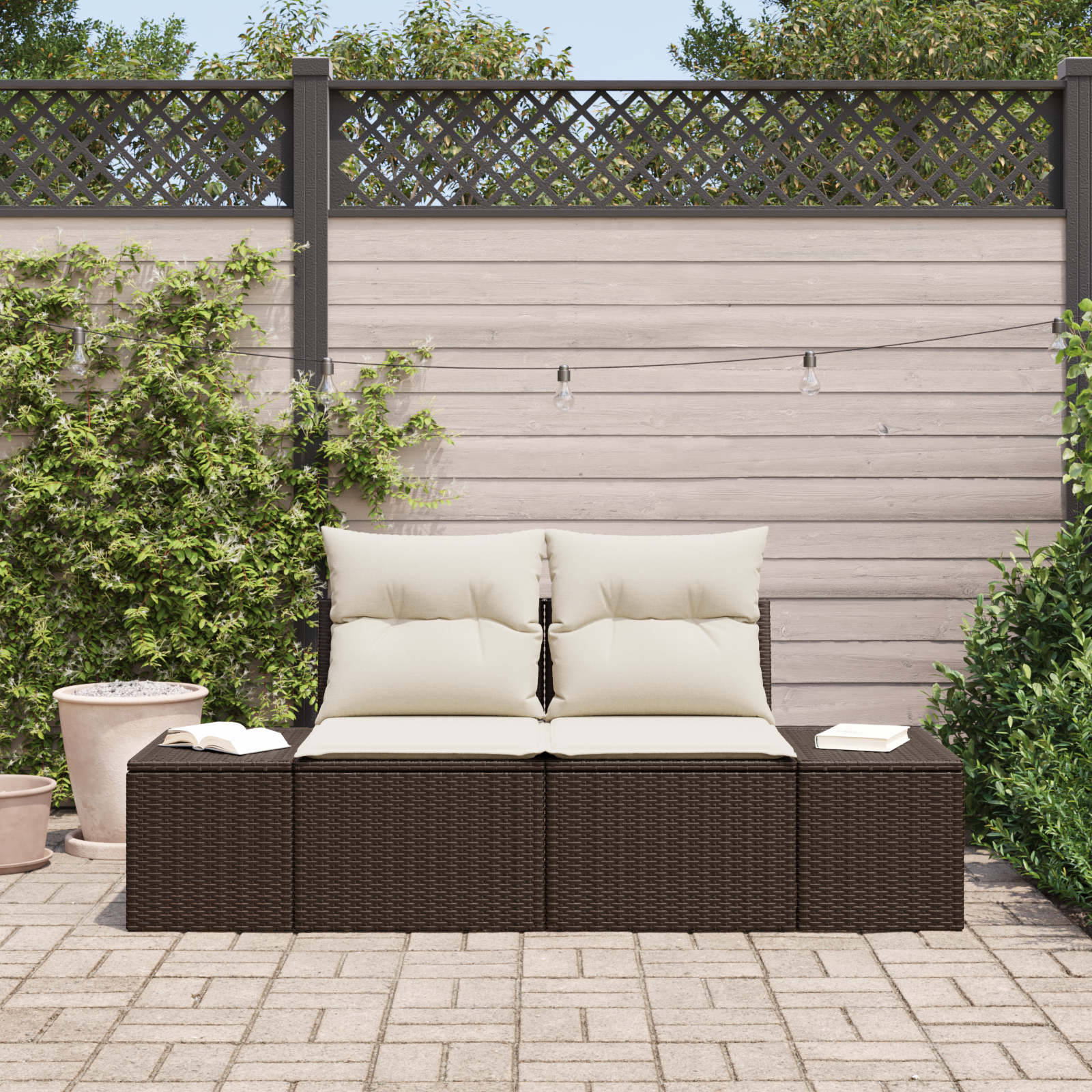 vidaXL Tuinbank 2-zits met kussens poly rattan bruin