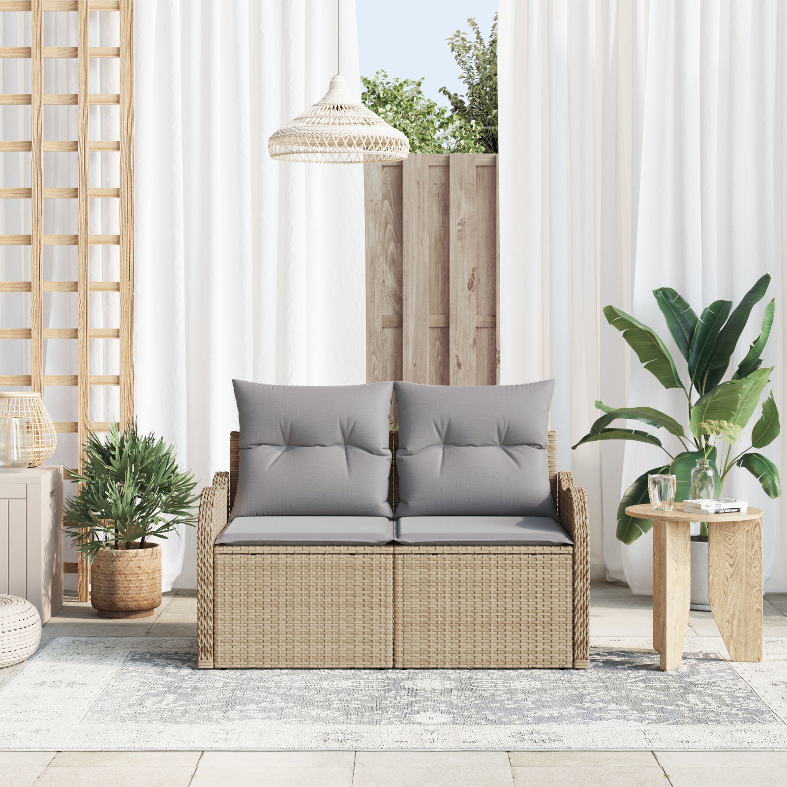 vidaXL Tuinbank 2-zits met opbergruimte en kussens poly rattan beige