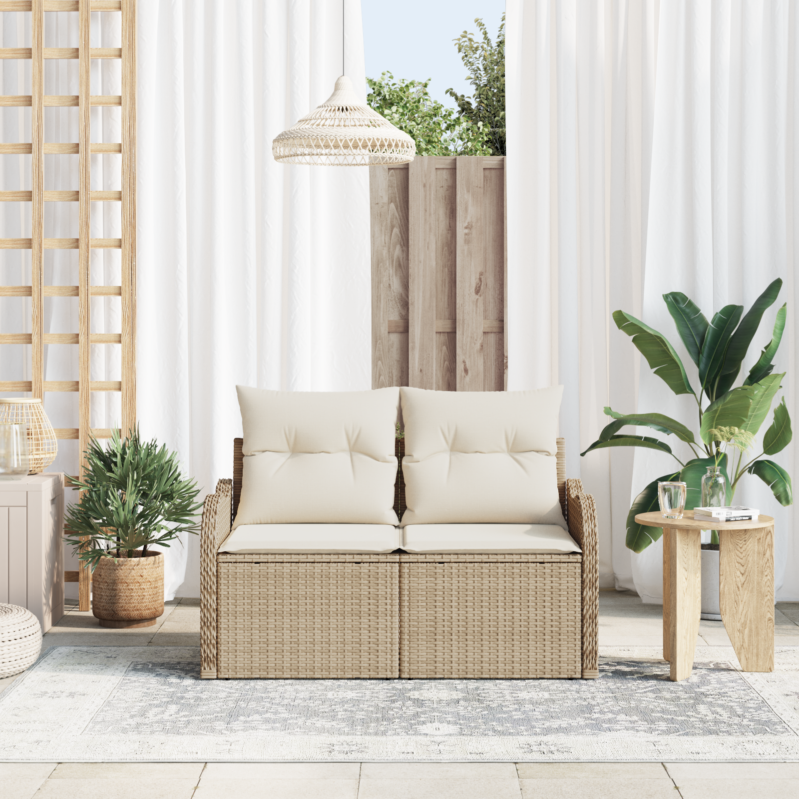 vidaXL Tuinbank 2-zits met opbergruimte en kussens poly rattan beige